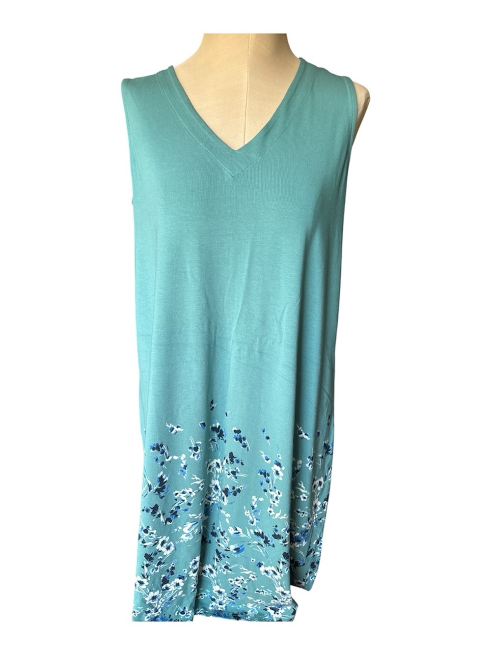J. Jill Teal V-Neck Sleeveless Midi Dress with Floral Hem